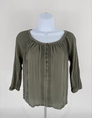 Mudd XS Olive Green Gauze Peasant Boho Henley Lace Trim Rayon Blouse